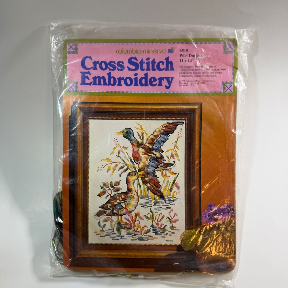 Vintage 1973 Columbia Minerva Wild Ducks Cross Stitch Kit 6515 11x14